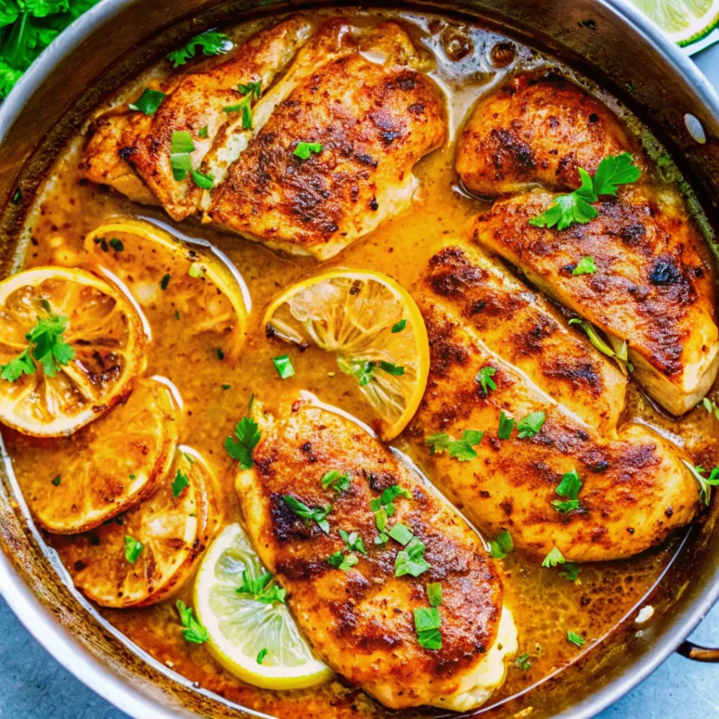 Lemon Butter Dijon Chicken in a skillet with golden brown chicken breasts, lemon slices, and fresh herbs in a rich sauce.
