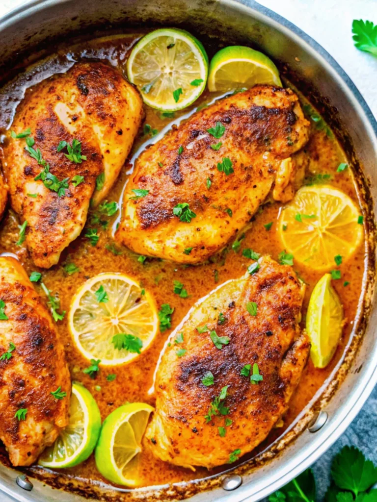 Lemon Butter Dijon Chicken in a skillet with golden brown chicken breasts, lemon slices, and fresh herbs in a rich sauce.