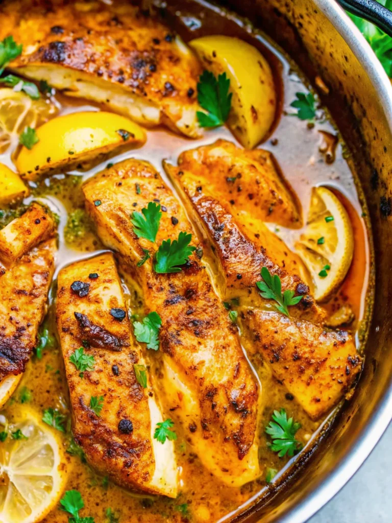 Lemon Butter Dijon Chicken in a skillet with golden brown chicken breasts, lemon slices, and fresh herbs in a rich sauce.