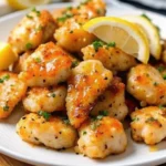 Crispy lemon garlic chicken bites made from boneless chicken breast, garnished with fresh parsley and lemon wedges on a white plate.