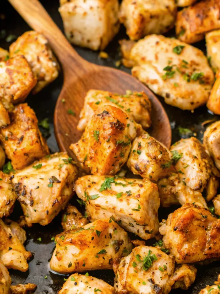 Crispy lemon garlic chicken bites made from boneless chicken breast, garnished with fresh parsley and lemon wedges on a white plate.