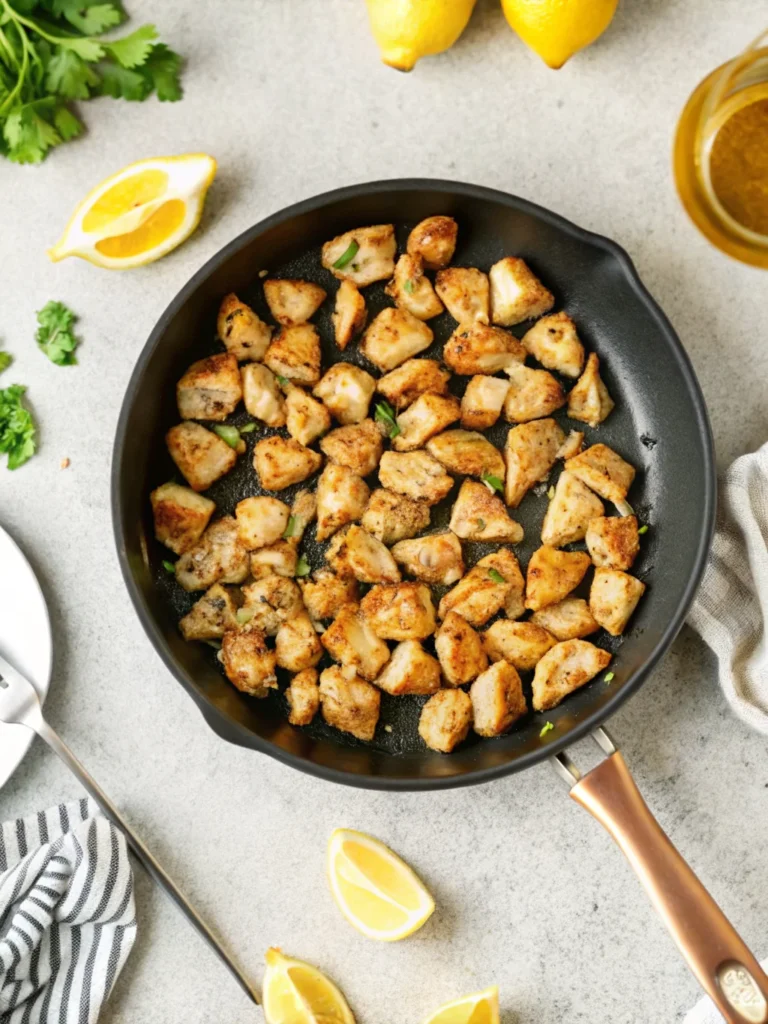 Crispy lemon garlic chicken bites made from boneless chicken breast, garnished with fresh parsley and lemon wedges on a white plate.