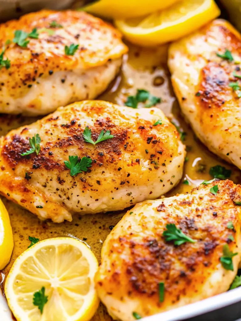 Juicy, golden-brown lemon pepper baked chicken breasts garnished with fresh herbs and lemon slices on a baking tray.