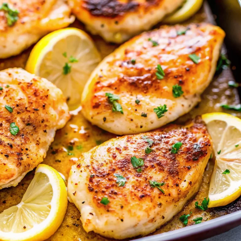 Juicy, golden-brown lemon pepper baked chicken breasts garnished with fresh herbs and lemon slices on a baking tray.