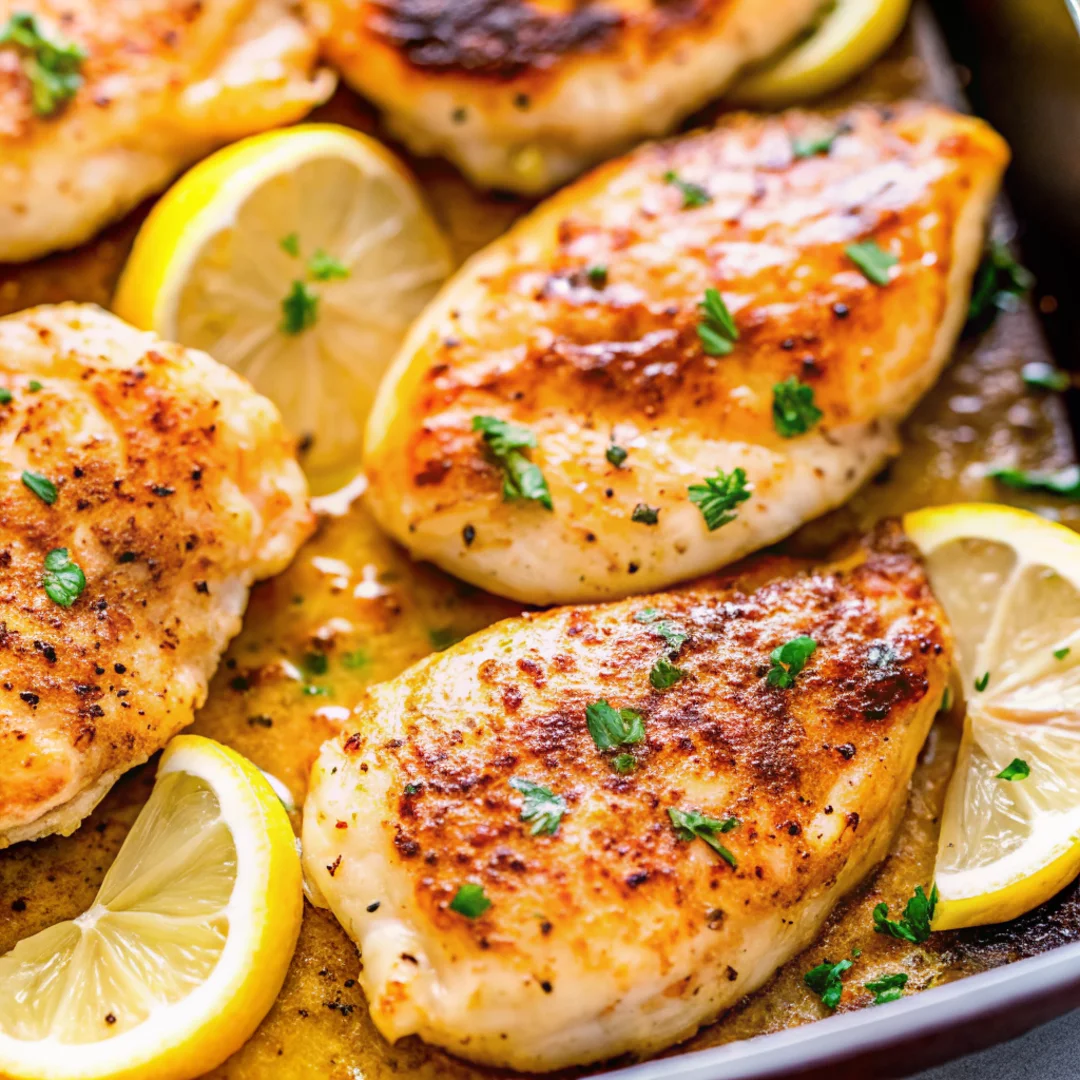 Juicy, golden-brown lemon pepper baked chicken breasts garnished with fresh herbs and lemon slices on a baking tray.