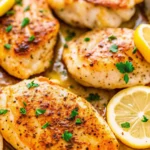 Juicy, golden-brown lemon pepper baked chicken breasts garnished with fresh herbs and lemon slices on a baking tray.