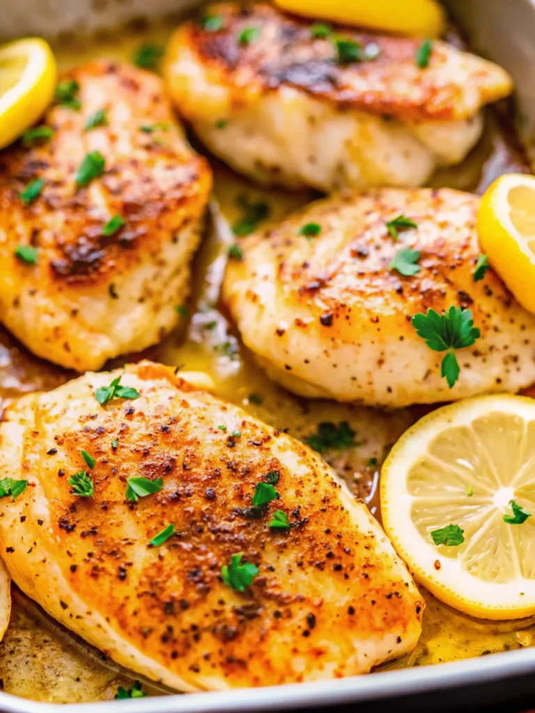 Juicy, golden-brown lemon pepper baked chicken breasts garnished with fresh herbs and lemon slices on a baking tray.