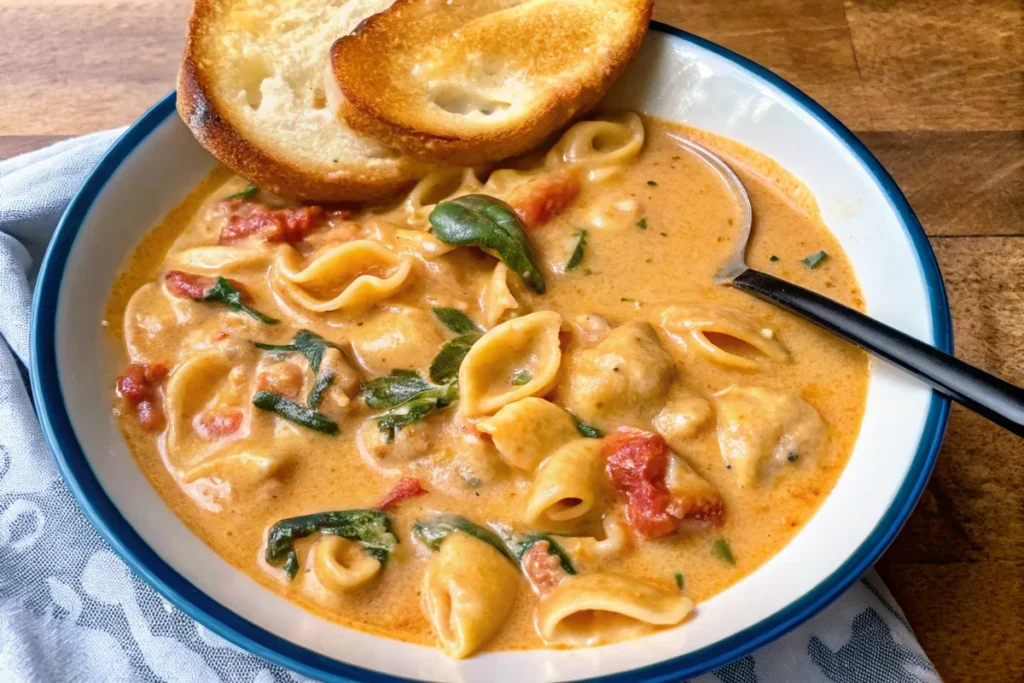 Creamy marry me chicken soup with pasta shells, sun-dried tomatoes, spinach and parmesan cheese served in white bowl with crusty bread - fall soup recipes
