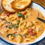 Creamy marry me chicken soup with pasta shells, sun-dried tomatoes, spinach and parmesan cheese served in white bowl with crusty bread - fall soup recipes