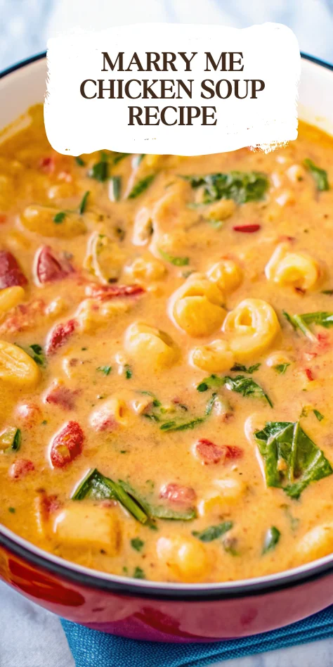 Creamy marry me chicken soup with pasta shells, sun-dried tomatoes, spinach and parmesan cheese served in white bowl with crusty bread - fall soup recipes