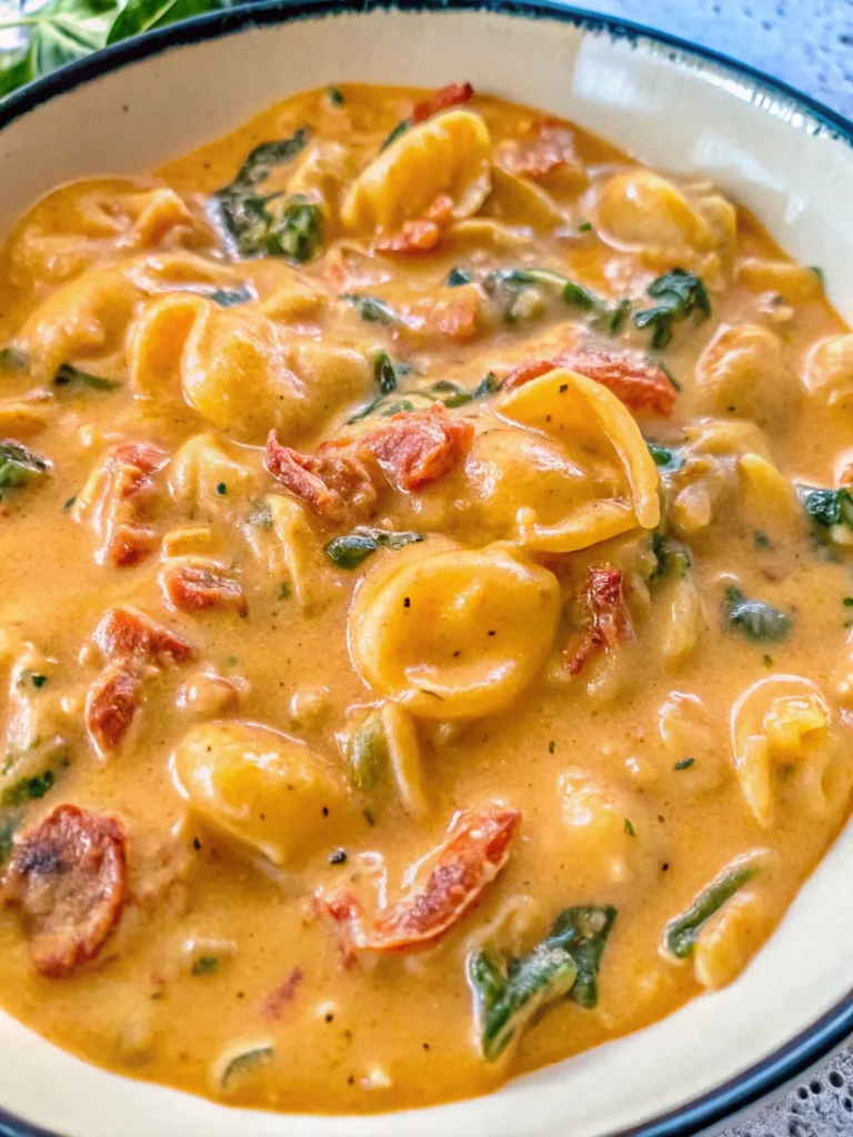 Creamy marry me chicken soup with pasta shells, sun-dried tomatoes, spinach and parmesan cheese served in white bowl with crusty bread - fall soup recipes