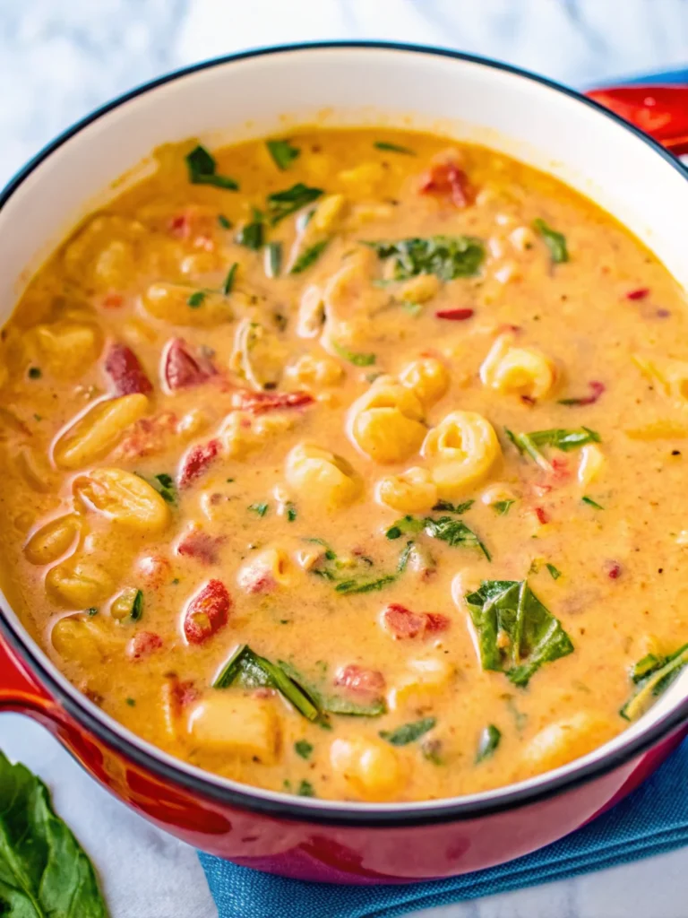 Creamy marry me chicken soup with pasta shells, sun-dried tomatoes, spinach and parmesan cheese served in white bowl with crusty bread - fall soup recipes