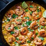 Mexican Street Corn and Shrimp with fresh cilantro, lime, and feta in a skillet, served as a summer Mexican recipe.