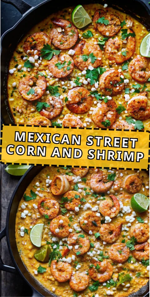 Mexican Street Corn and Shrimp with fresh cilantro, lime, and feta in a skillet, served as a summer Mexican recipe.