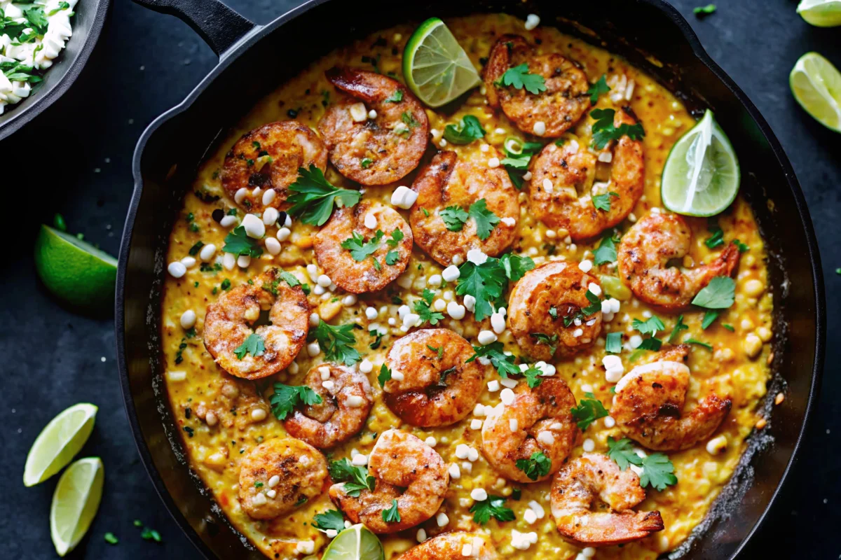 Mexican Street Corn and Shrimp with fresh cilantro, lime, and feta in a skillet, served as a summer Mexican recipe.