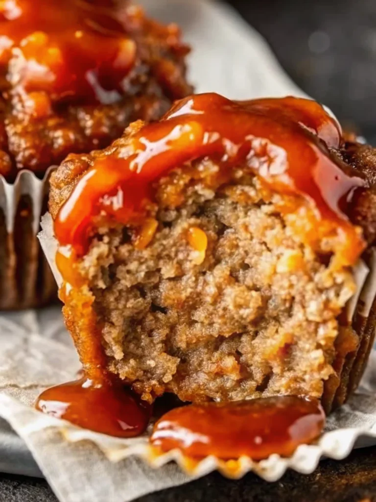 Close-up of a mini meatloaf muffin with a bite taken out, topped with a rich, glossy glaze.