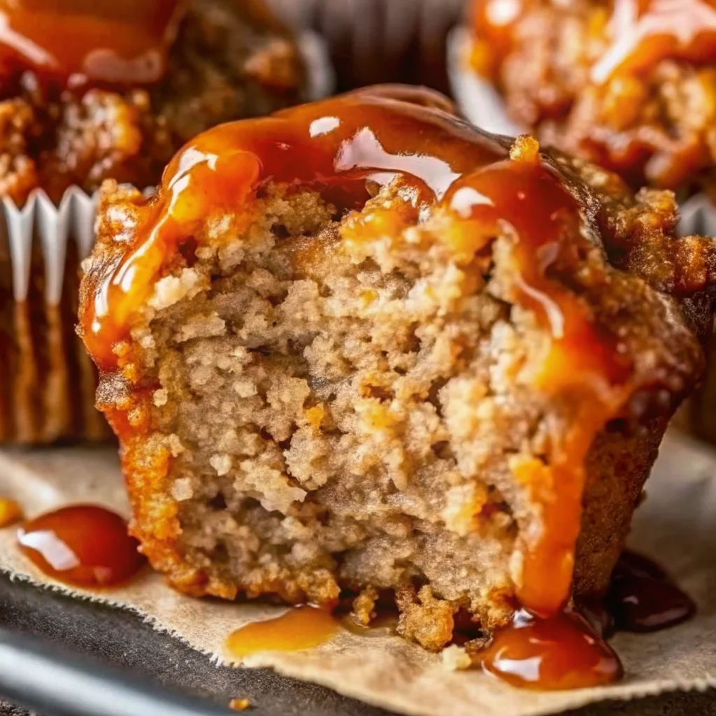 Close-up of a mini meatloaf muffin with a bite taken out, topped with a rich, glossy glaze.