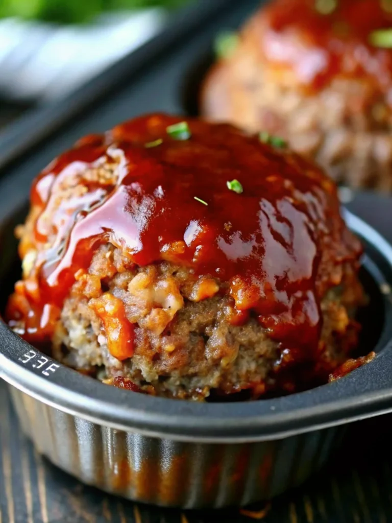 Close-up of a mini meatloaf muffin with a bite taken out, topped with a rich, glossy glaze.