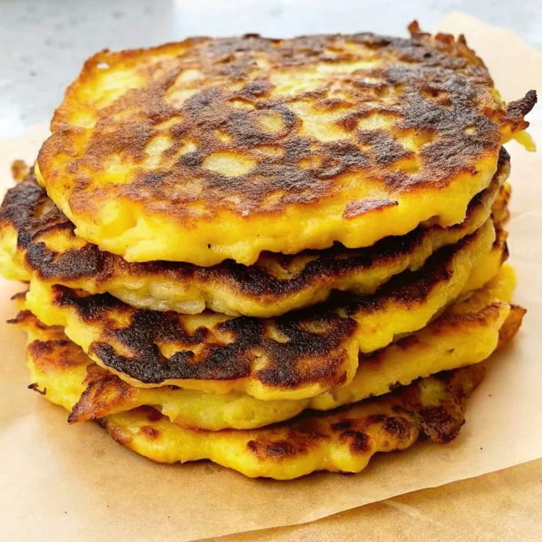 Stack of golden crispy Parmesan yellow squash fritters on parchment paper showing perfect browning and texture