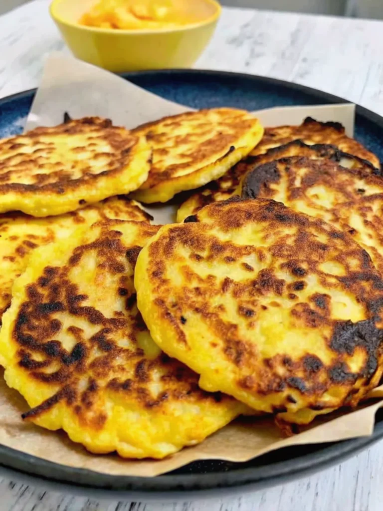 Stack of golden crispy Parmesan yellow squash fritters on parchment paper showing perfect browning and texture