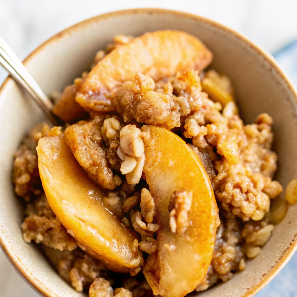 Perfect peach crisp recipe with golden oat topping and tender peach slices served in ceramic bowl