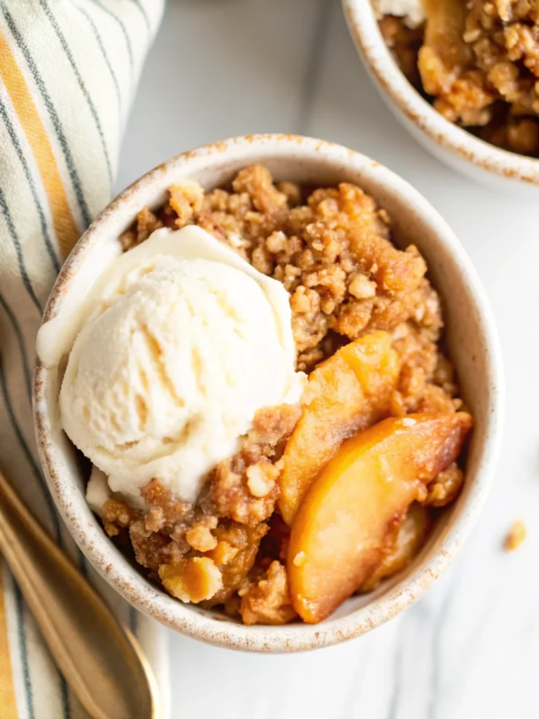 Perfect peach crisp recipe with golden oat topping and tender peach slices served in ceramic bowl