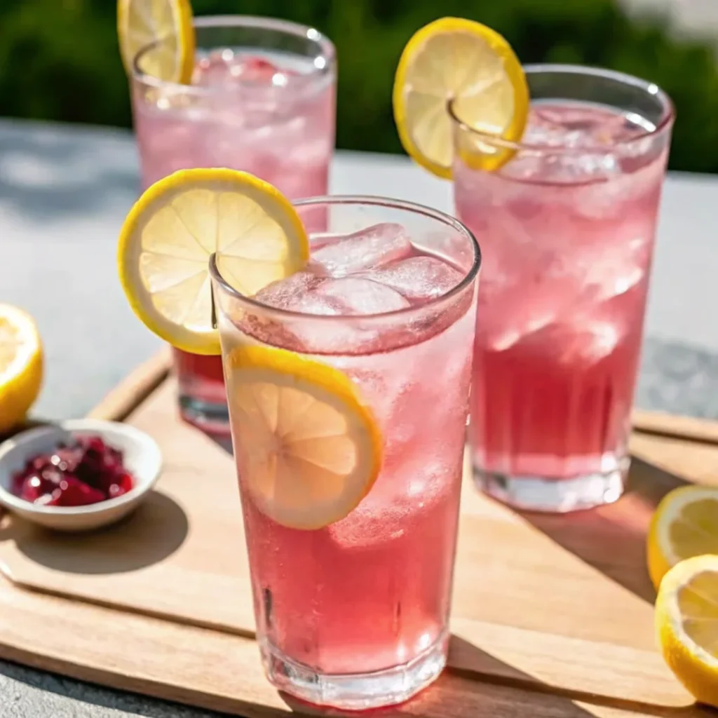 A tall glass of pink lemonade with ice cubes and lemon slices, served on a sunny outdoor table.