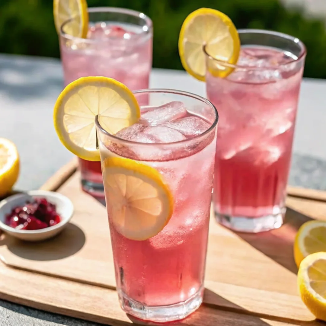 A tall glass of pink lemonade with ice cubes and lemon slices, served on a sunny outdoor table.