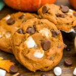 Close-up of gooey pumpkin s’mores cookies dotted with chocolate chips, mini marshmallows, and graham crumbs—irresistible fall desserts.