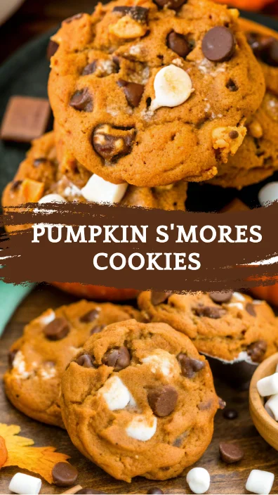 Close-up of gooey pumpkin s’mores cookies dotted with chocolate chips, mini marshmallows, and graham crumbs—irresistible fall desserts.
