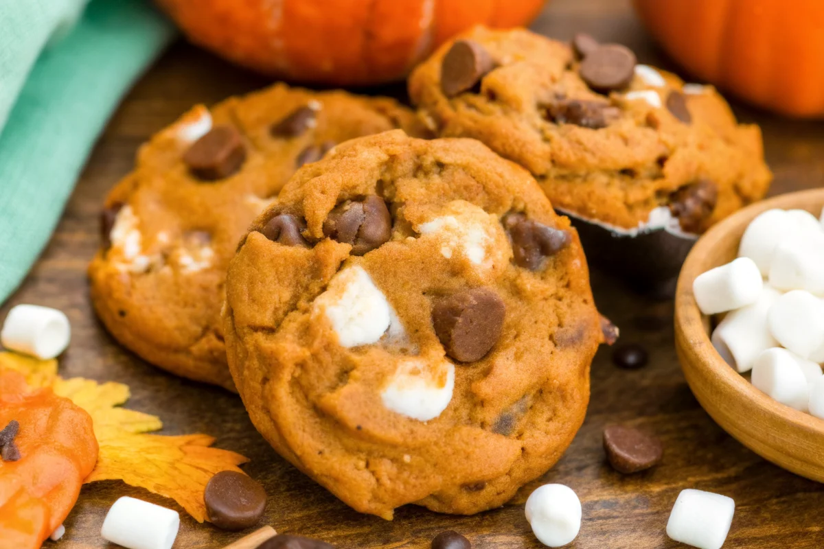 Close-up of gooey pumpkin s’mores cookies dotted with chocolate chips, mini marshmallows, and graham crumbs—irresistible fall desserts.
