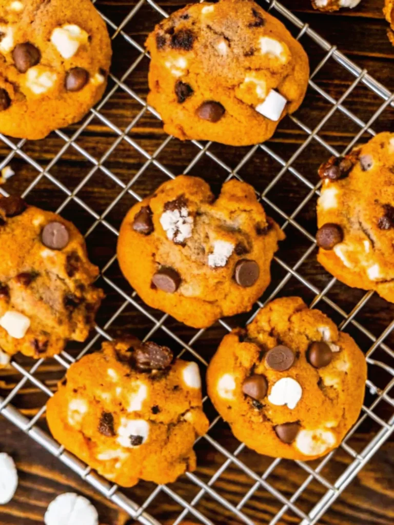 Close-up of gooey pumpkin s’mores cookies dotted with chocolate chips, mini marshmallows, and graham crumbs—irresistible fall desserts.