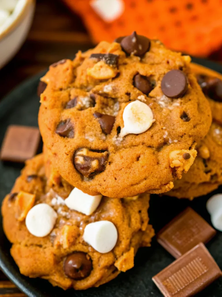 Close-up of gooey pumpkin s’mores cookies dotted with chocolate chips, mini marshmallows, and graham crumbs—irresistible fall desserts.
