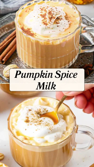 Homemade pumpkin spice latte in clear glass mug with whipped cream being drizzled with honey, surrounded by cinnamon sticks and autumn spices