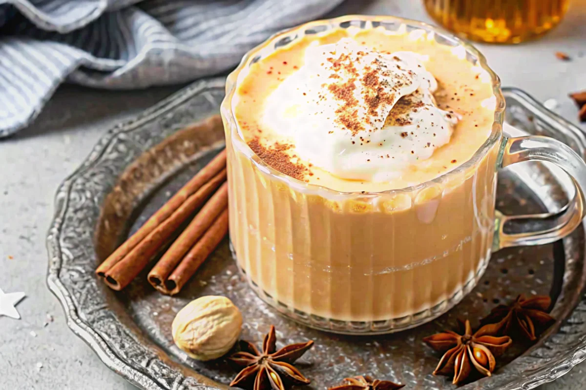 Homemade pumpkin spice latte in clear glass mug with whipped cream being drizzled with honey, surrounded by cinnamon sticks and autumn spices