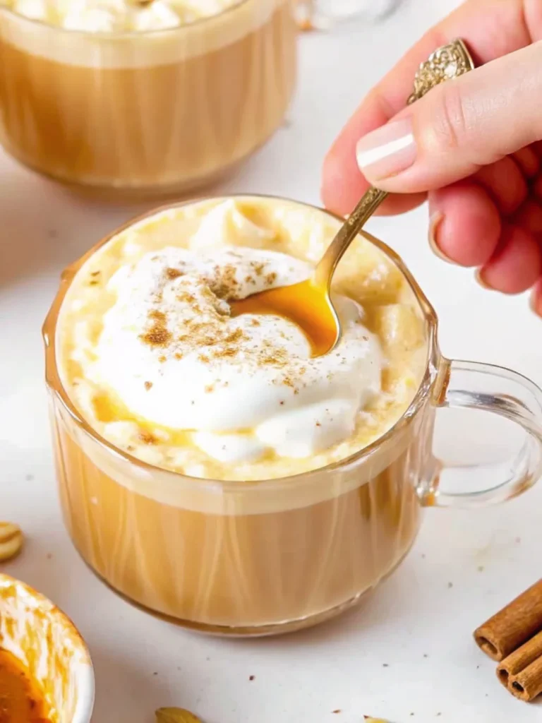Homemade pumpkin spice latte in clear glass mug with whipped cream being drizzled with honey, surrounded by cinnamon sticks and autumn spices