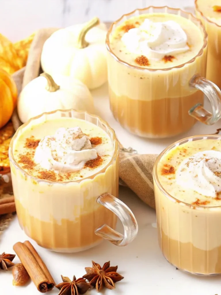 Homemade pumpkin spice latte in clear glass mug with whipped cream being drizzled with honey, surrounded by cinnamon sticks and autumn spices