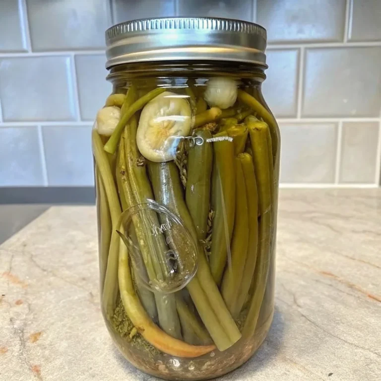 Homemade dilly beans pickled green beans in mason jar with dill and spices ready to eat