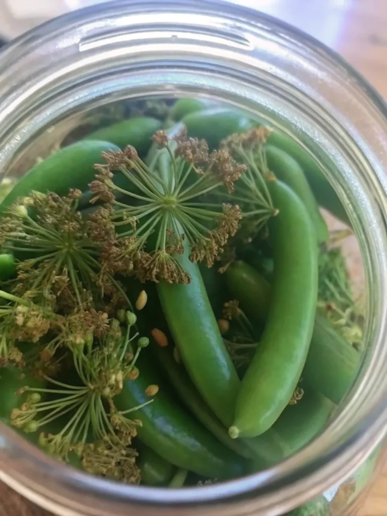 Homemade dilly beans pickled green beans in mason jar with dill and spices ready to eat
