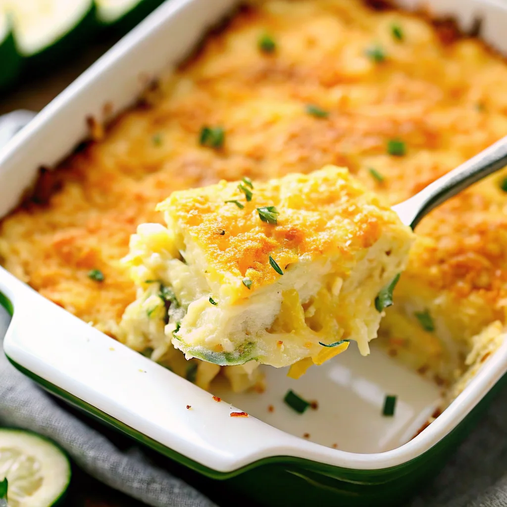 Freshly baked vegetable casserole with zucchini, golden-brown Parmesan crust, and herbs in a ceramic baking dish