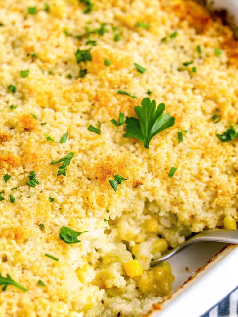 Freshly baked vegetable casserole with zucchini, golden-brown Parmesan crust, and herbs in a ceramic baking dish