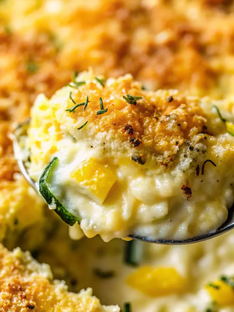 Freshly baked vegetable casserole with zucchini, golden-brown Parmesan crust, and herbs in a ceramic baking dish