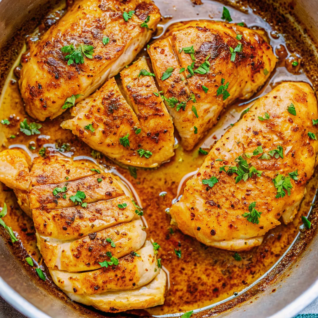 Juicy garlic butter chicken breasts cooked in a skillet, garnished with fresh parsley, showcasing a golden, flavorful crust—perfect for chicken breast recipes boneless.