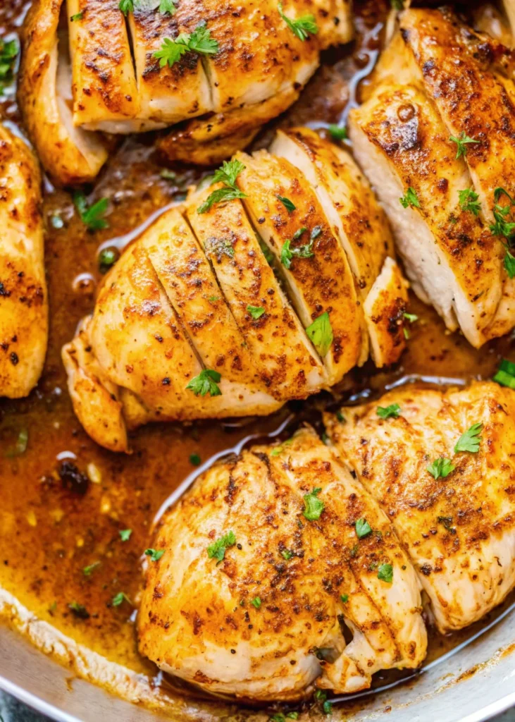 Juicy garlic butter chicken breasts cooked in a skillet, garnished with fresh parsley, showcasing a golden, flavorful crust—perfect for chicken breast recipes boneless.