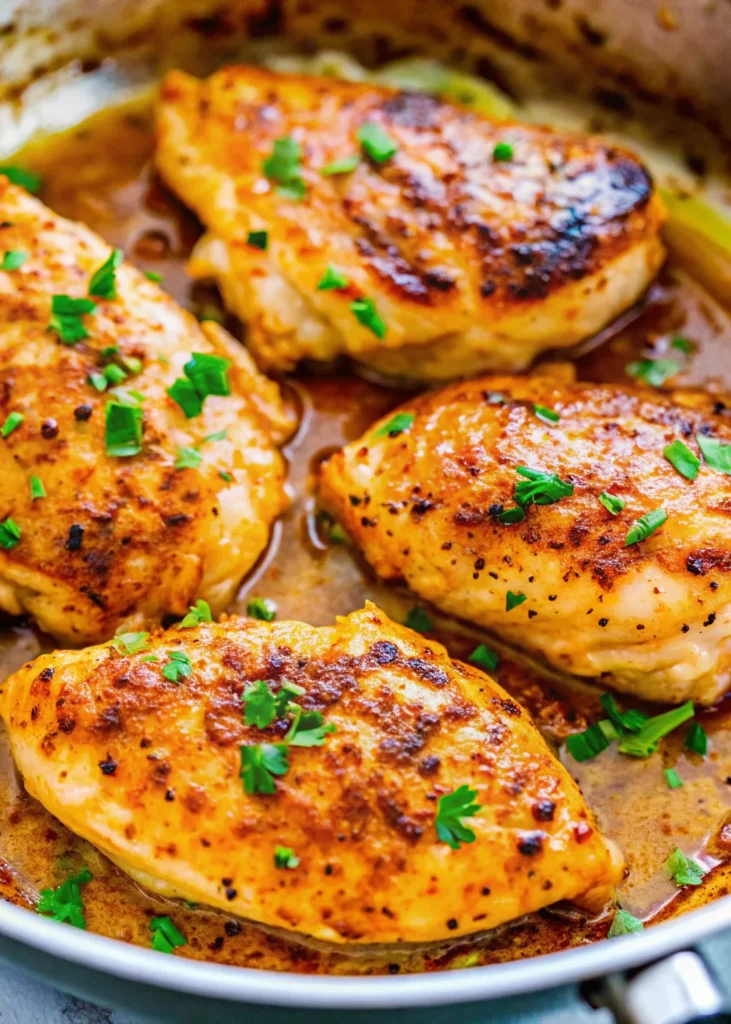 Juicy garlic butter chicken breasts cooked in a skillet, garnished with fresh parsley, showcasing a golden, flavorful crust—perfect for chicken breast recipes boneless.