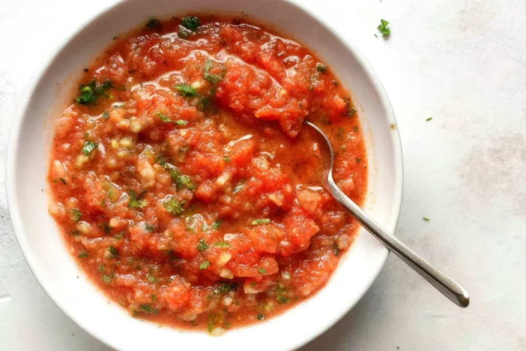Fresh salsa made with tomatoes, cilantro, jalapenos, and lime juice in a white bowl, garnished with fresh herbs.