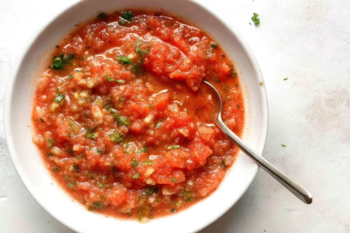 Fresh salsa made with tomatoes, cilantro, jalapenos, and lime juice in a white bowl, garnished with fresh herbs.