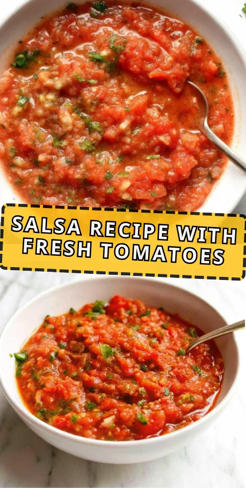 Fresh salsa made with tomatoes, cilantro, jalapenos, and lime juice in a white bowl, garnished with fresh herbs.