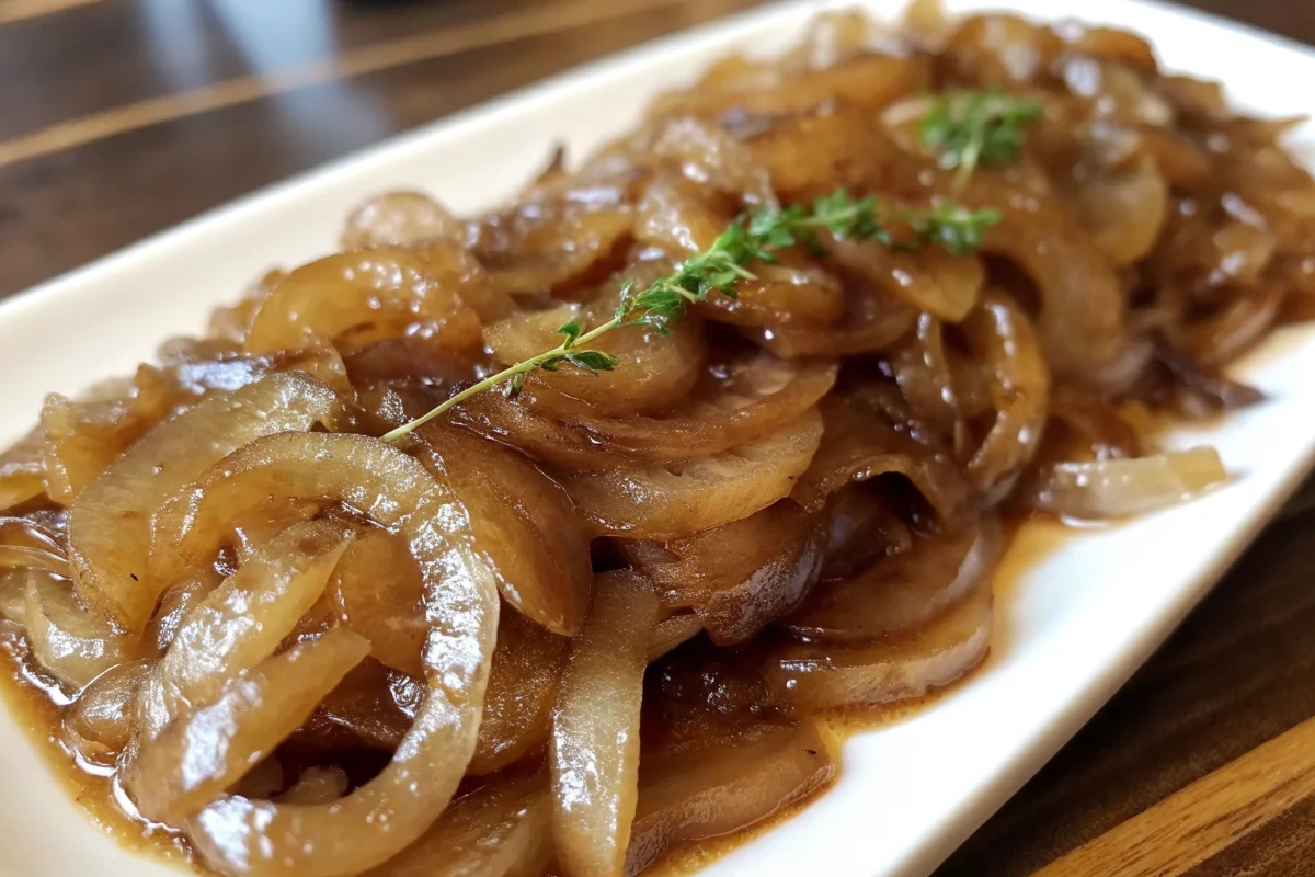 Caramelized onions served with fresh thyme on a white plate, showcasing their glossy texture and deep brown color.