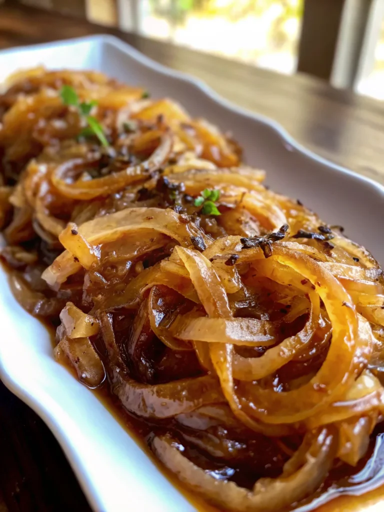 Caramelized onions served with fresh thyme on a white plate, showcasing their glossy texture and deep brown color.